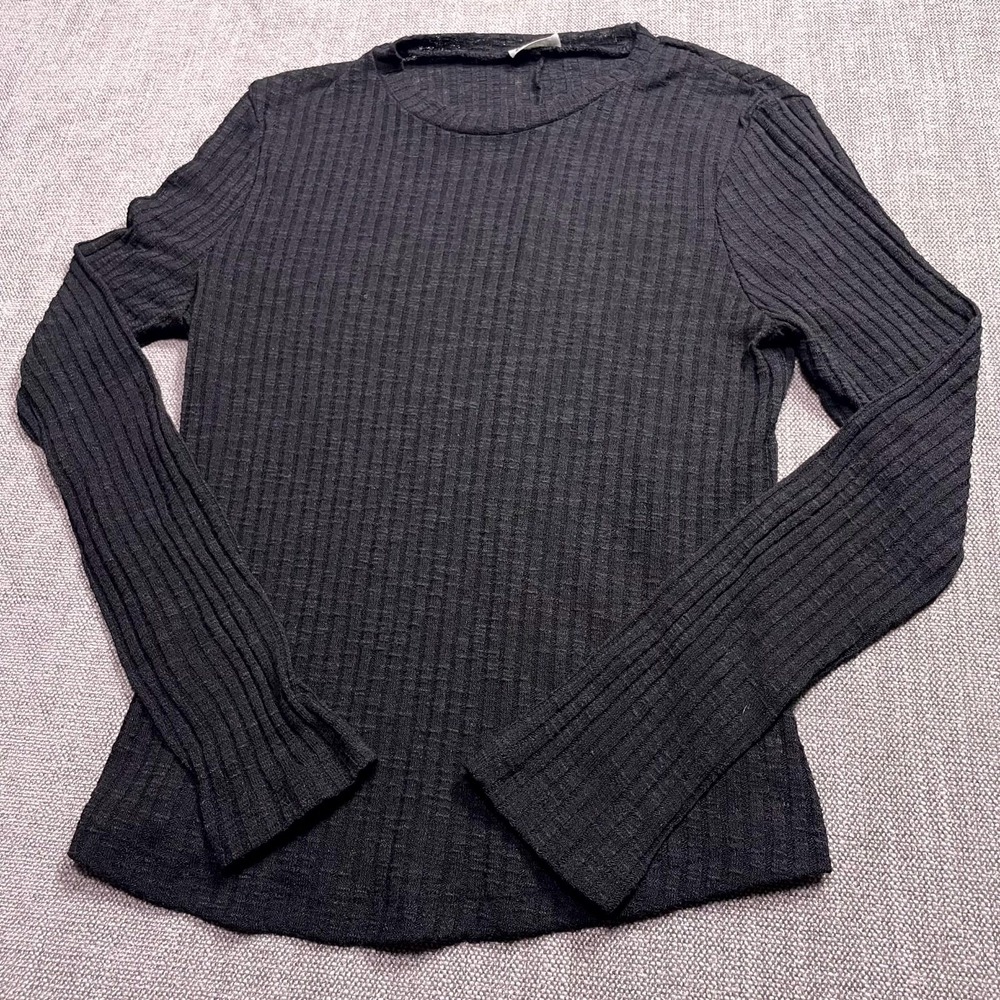 Free People Ribbed Knit Top Womens Medium Black Long Sleeve Crew Neck Pullover